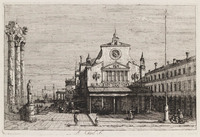 KG 00312
<br/>
Veduta: Drie zuilen en beeld op plein aan zee
<br/>
<em>Canal, Antonio (Canaletto) (1697 - 1768)</em>